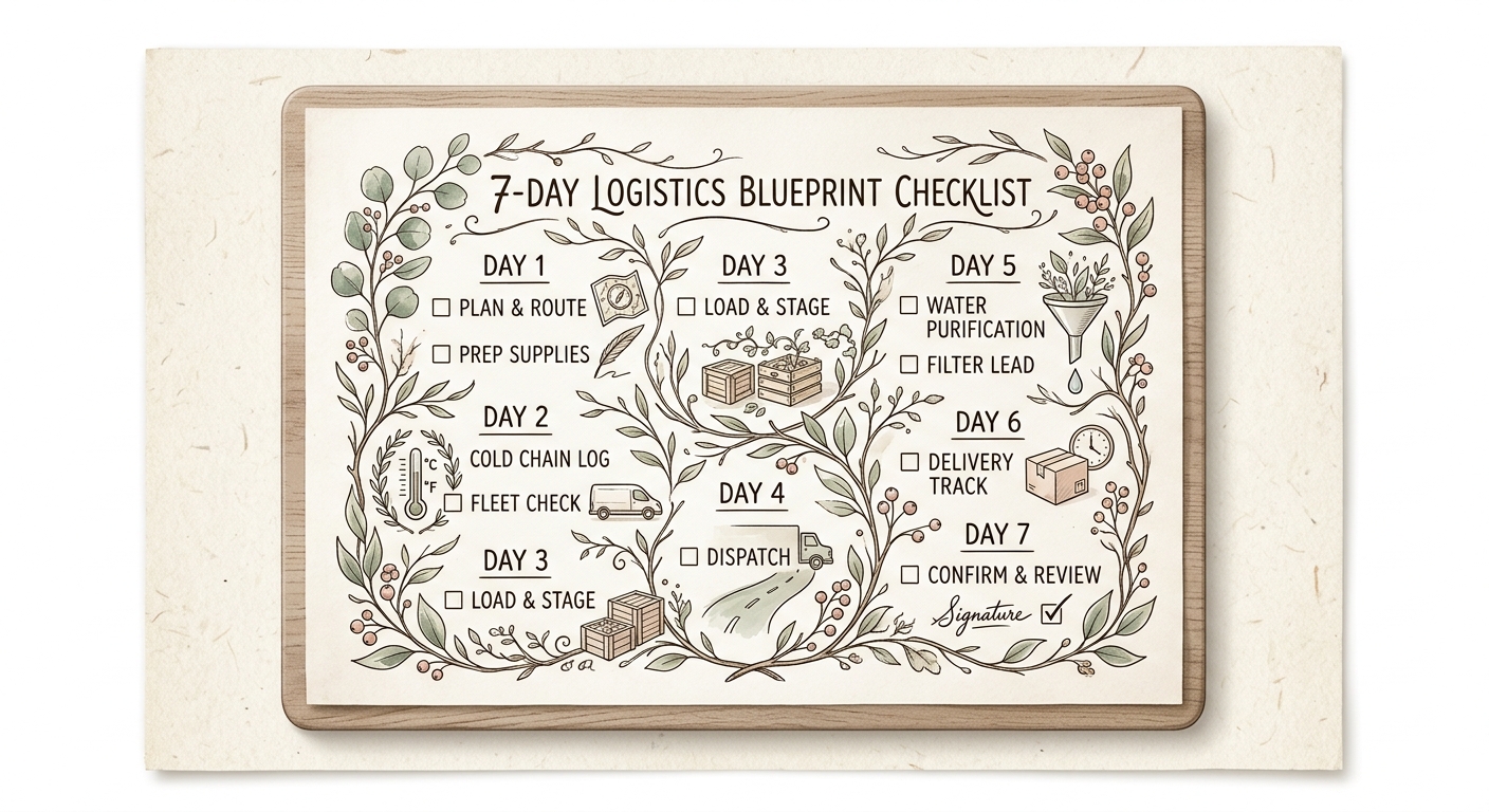Botanical illustration of a 7-day logistics blueprint